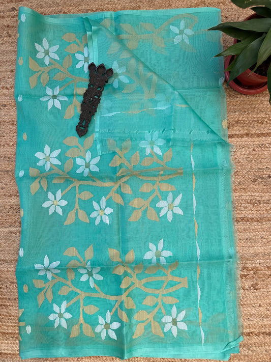 FIROZI BLUEHANDWOVEN PURE MUSLIN SILK SARI