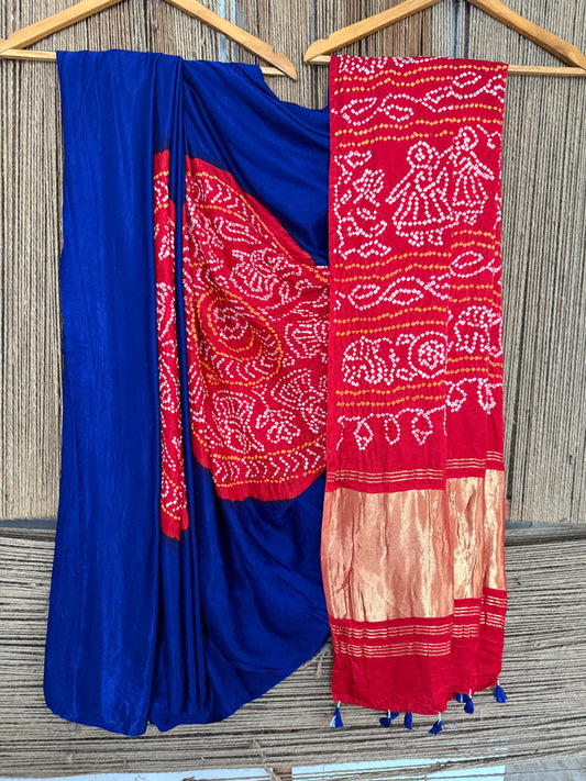 INK BLUE & RED GAJJI SILK RAI BANDHANI CHAKRA THEME GAJJI SARI  BS- 203