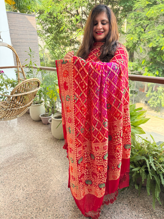 Cherry Red silk Banarsi silk certified handloom banarsi kadwa booti with Meenakari Georgette bandhani dupatta