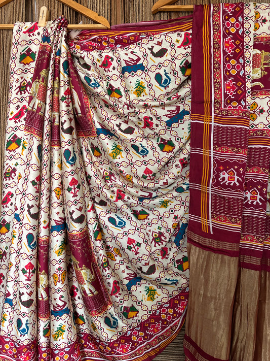 CREAM AND MAROON  PATOLA MODAL SILK PATOLA PRINT SARI WITH ZARI BORDER
