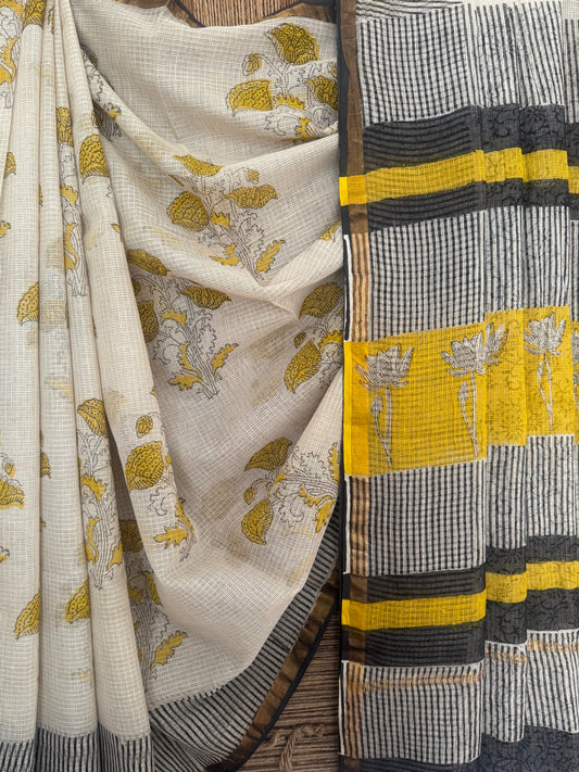 Lvory Beige kota doria handblock sari