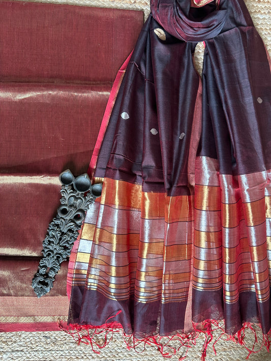 DARK MAROON SILVER GOLDEN  TISSUE  MAHESHARI SILK HANDLOOM KURTA SET