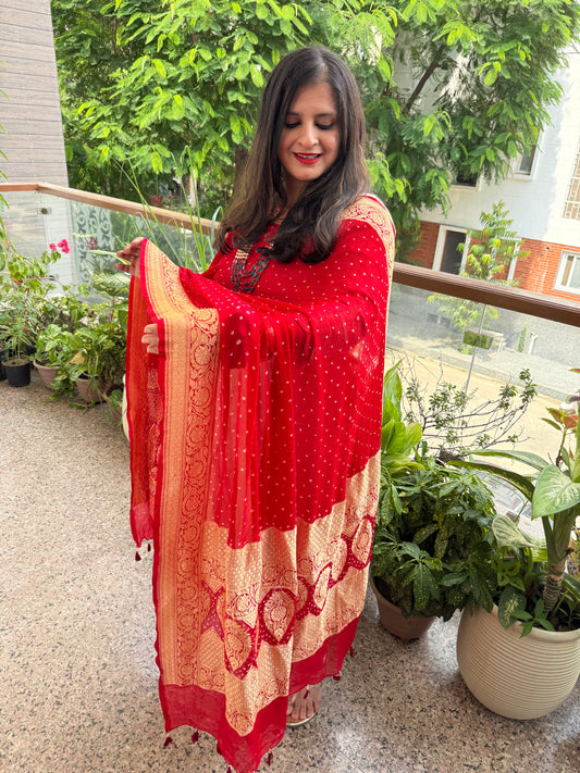 Crimson Red Handwoven NeemZari Bareek Bandhani in Khaddi Premium Georgette dupatta