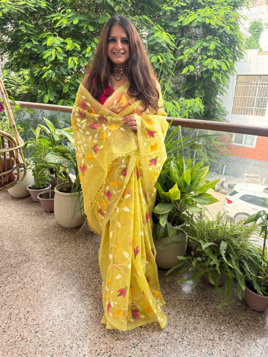 Yriel Yellow Jaal jamdani handwoven pure muslin silk sari  mjs-6