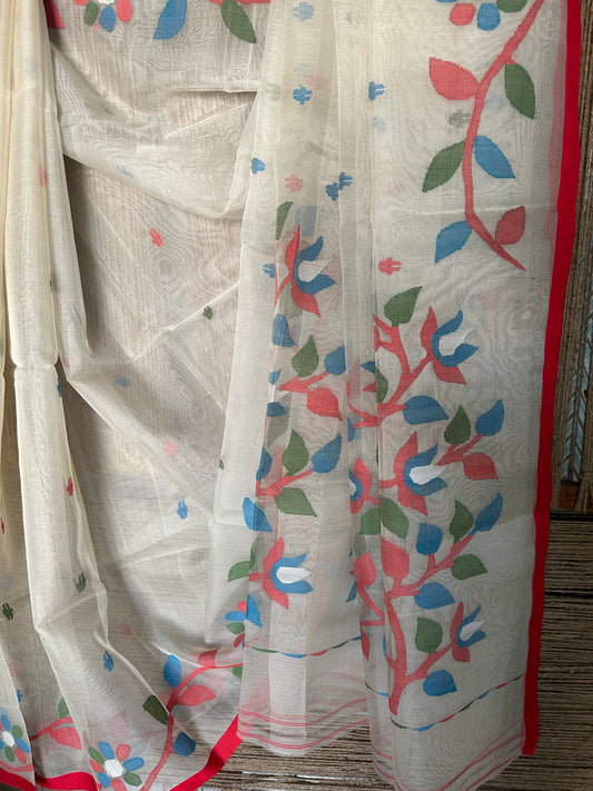 IVORY & RED BORDER JAMDANI HANDWOVEN PURE MUSLIN SILK SARI MJS 38