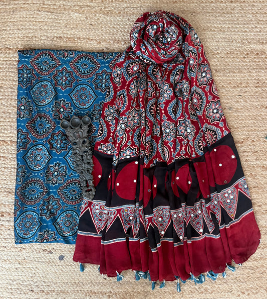 Blue Ajrakh Modal Silk Handcrafted Kurta With Maroon Ajrakh Handcrafted Mirror Work Modal Silk Dupatta