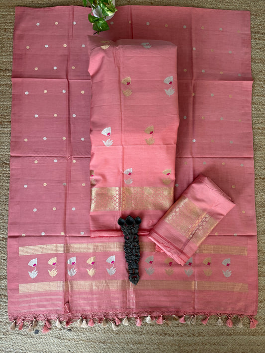 Salmon pink mull cotton certified handloom banarsi kadwa booti three piece suit