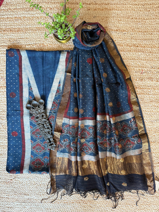 INDIGO BLUE AJRAKH CONTEMPORARY CHANDERI SILK HANDBLOCK KURTA SET  WITH  COIN  BUTTA DUPATTA