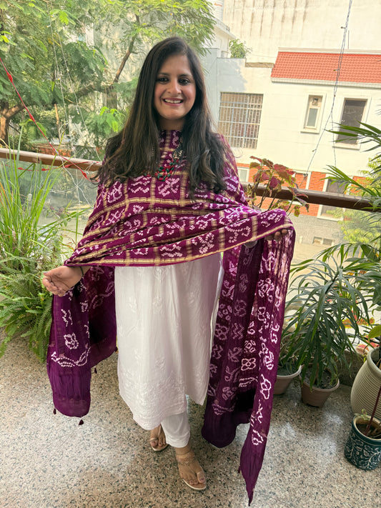 PURPLE HANDWOVEN HANDCRAFTED GAJJI SILK GHARCHOLA DUPATTA  GGD-1