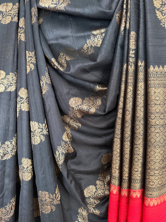 Sable black raw silk certified  handloom banarsi sari with woven zari