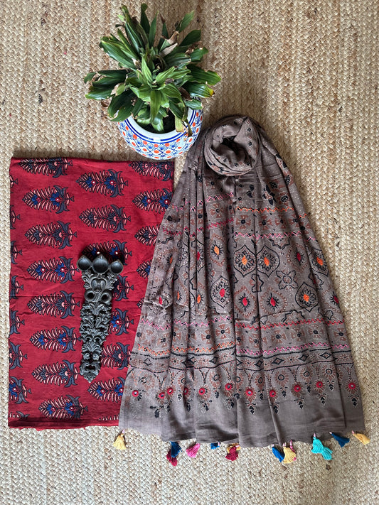 MAROON AJRAKH HANDBLOCK AND HAND EMBROIDERY KURTA WITH  AJRAKH HAND EMBROIDERY DUPATTA