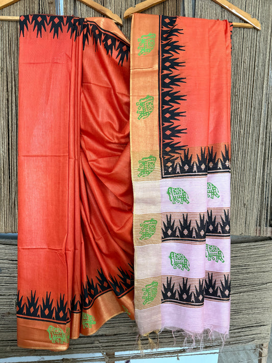 BEAUTIFUL ORANGE PINK HANDBLOCK PRINTED SARI IN SEMI TUSSAR WITH BLOUSE