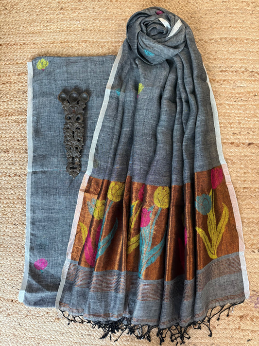 IRON GRAY JAMDANI LINEN  KURTA SET LJS-209