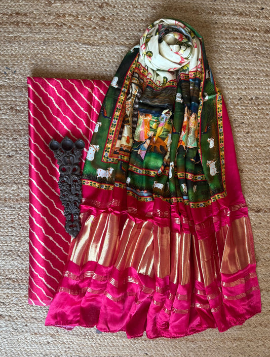 PINK LEHERIYA MASHRU SILK KURTA WITH PATOLA HANDCRAFTED MODAL SILK DUPATTA