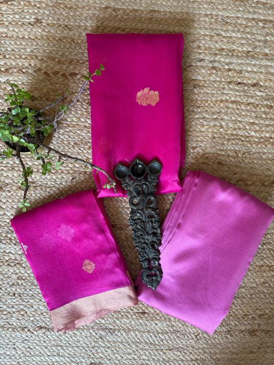 Magenta pink Kora silk certified handloom Banarsi kadwa Booti three piece suit