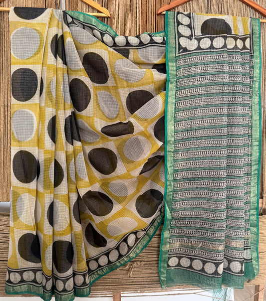 Mustard & Beige & Black kota doria handblock sari