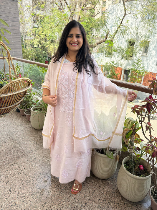 Cherry blossoms pink premium mull chanderi lucknowi chickenkari with moti work hand embroidery three piece suit