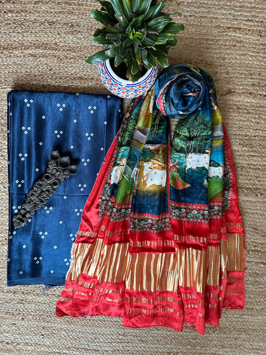 NAVY BLUE MASHRU SILK KURTA WITH PATOLA PRINT MODAL SILK DUPATTAS