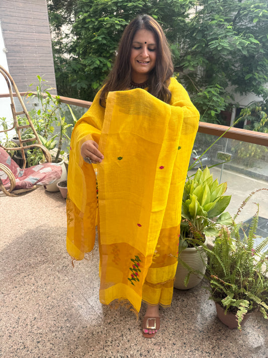 Mustard Yellow Jamdani Tissue Linen Handwoven kurta set