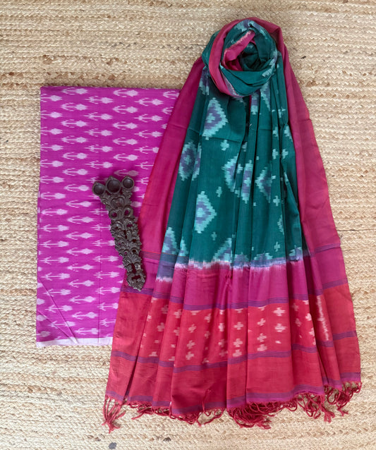 BUBBLE GUM PINK MERCHANDISE COTTON HANWOVEN KURTA WITH IKKAT PURE COTTON SILK PATOLA HANDWOVEN DUPATTA