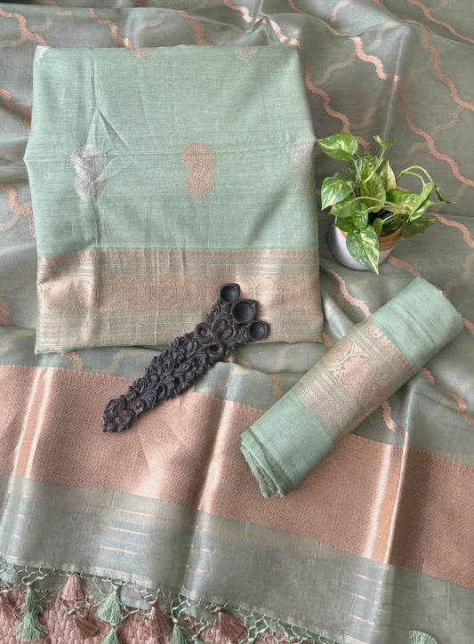 Sage Green Mull cotton certified handloom banarsi kadwa booti three piece suit