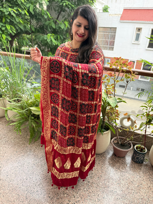RED SOLID MODAL SILK SUIT WITH AJRAKH  GHARCHOLA HANDCRAFTED MODAL SILK DUPATTA  ps-230