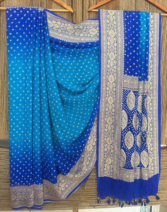 Royal Blue Handwoven Neem Zari Bareek Bandhani Saree with Khaddi Georgette BS- 303