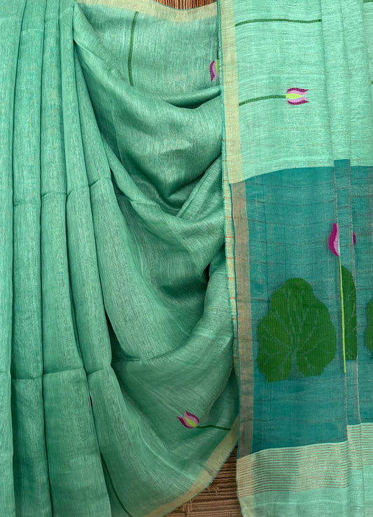 JUNGLE GREEN COPPER TISSUE LINEN JAMDANI HANDWOVEN SARI WITH ELEGANT WOVEN MOTIFS