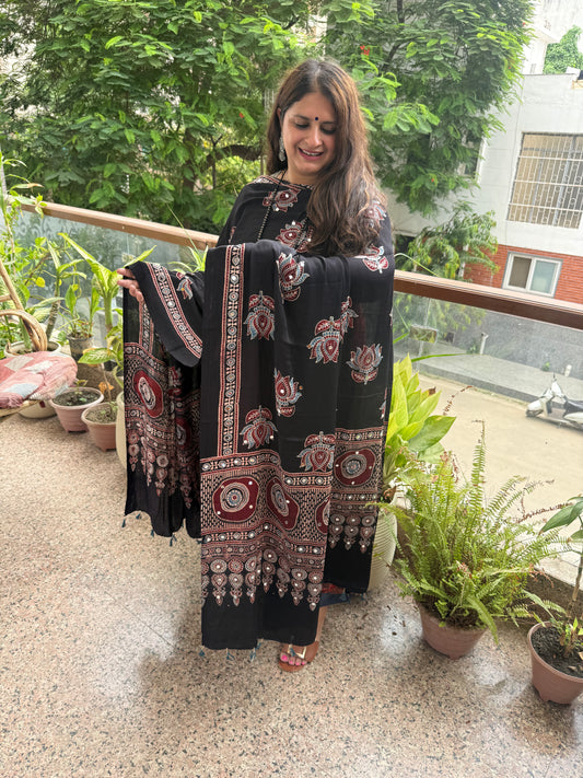 Maroon Ajrakh Modal Silk Handcrafted Kurta With Black Ajrakh Handcrafted Mirror Work Modal Silk Dupatta