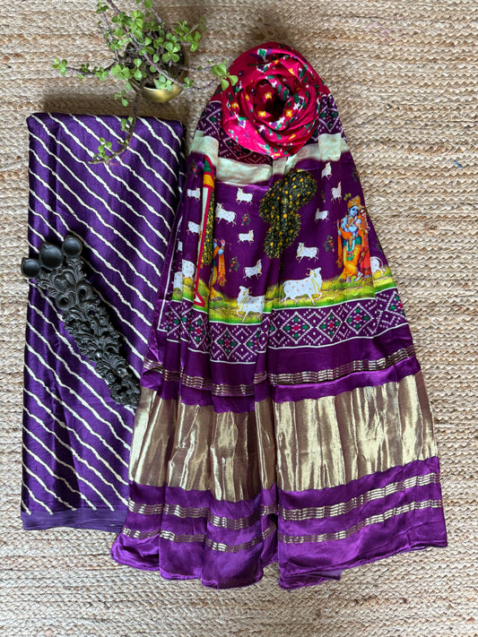 PURPLE LEHERIYA MASHRU SILK KURTA WITH PATOLA HANDCRAFTED MODAL SILK DUPATTA PS-232