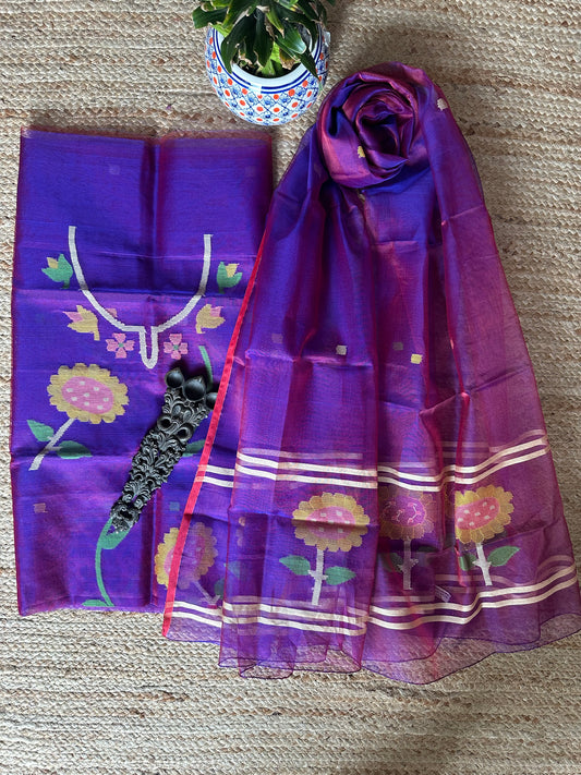PURPLE  RED DUAL SHADE HANDWOVEN JAMDANI PURE MUSLIN SILK KURTA SET MJK-61
