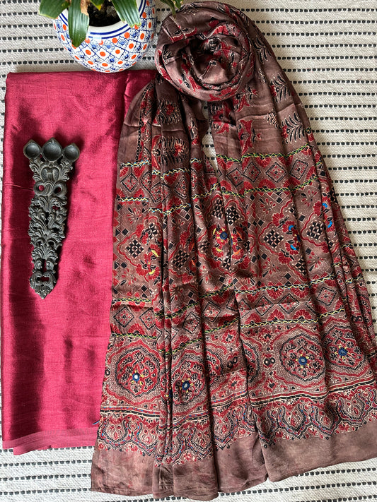 MAROON  MASHRU SILK KURTA WITH AJRAKH EMBROIDERY HANDCRAFTED MODAL SILK DUPATTA