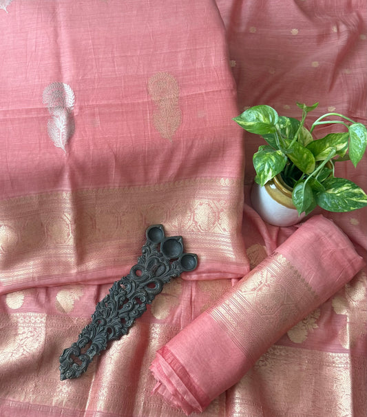 Rosy pink mull cotton certified handloom banarsi kadwa booti three piece suit