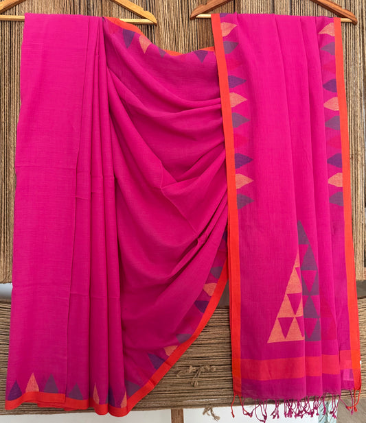Pink handloom cotton needle jamdani wove sari