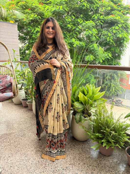 BEIGE NATURAL DYE HANDCRAFTED HANDBLOCK AJRAKH LINEN SILK SARI