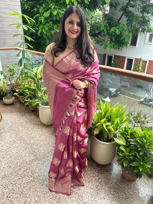 GRAPE PURPLE BANARASI DUPION SILK CERTIFIED ZARI WOVEN  SARI