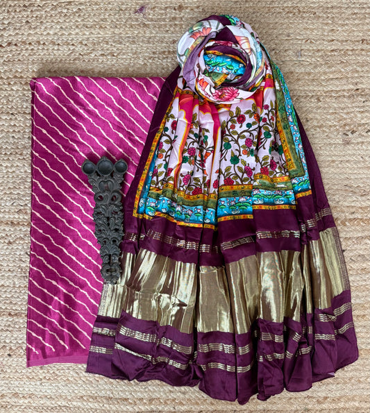 Purple leheriya mashru silk kurta with  patola pichwai handcrafted modalsilk dupatta