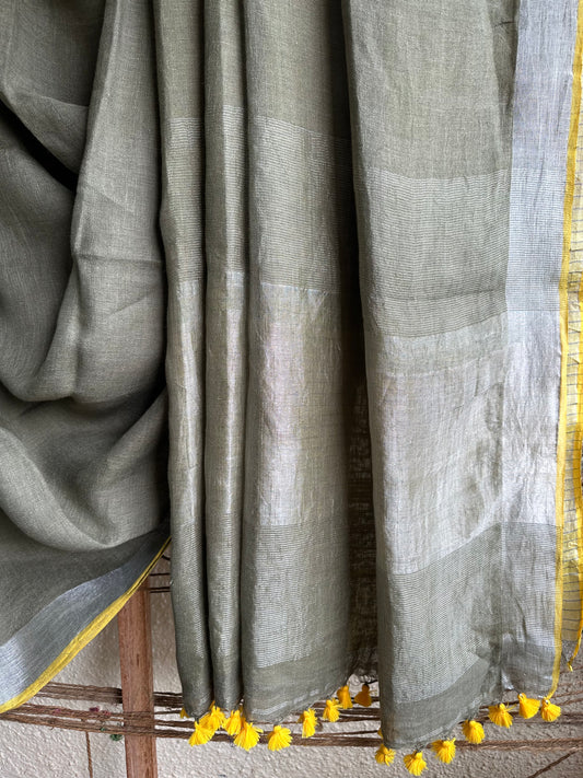 MILITARY GREEN LINEN COTTON SARI WITH WOVEN WHITE BORDER & ORANGE  TASSELS