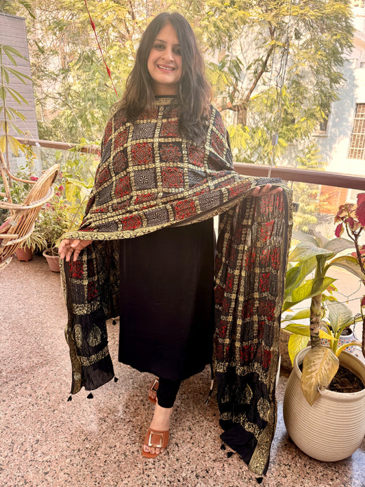 Black solid modal silk suit with ajrakh  gharchola handcrafted modal silk dupatta  ps-230