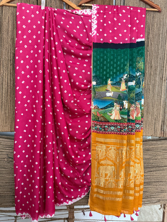 PINK & YELLOW MODAL SILK BANDHANI  SARI WITH PICHWAI PRINT BPS 41