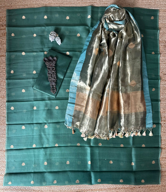 Moss green Kora silk certified handloom Banarsi kadwa Booti three piece suit   CBS-55