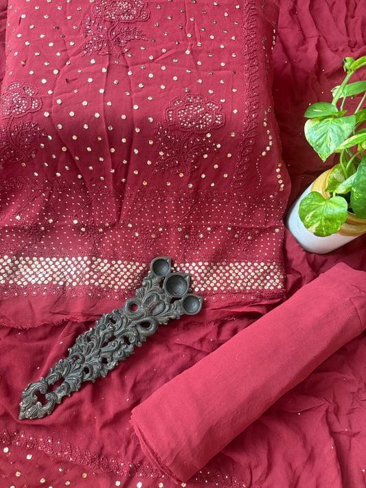 Brick Pink premium mukesh work Georgette lucknowi chickenkari hand embroidery three piece suit