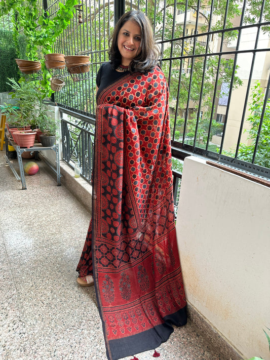 RUST MAROON CHANDERI SILK AJRAKH SARI