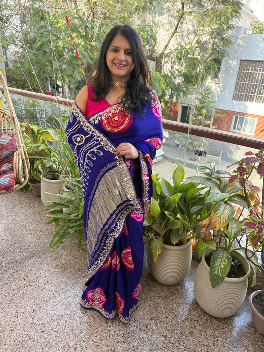 BLUE RAI BANDHANI CHAKRA THEME GAJJI SILK SARI WITH HANDEMBROIDERY GOTTA PATTI  BS- 406