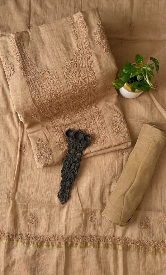 Bronze premium  chanderi cotton lucknowi chickenkari hand embroidery three piece suit