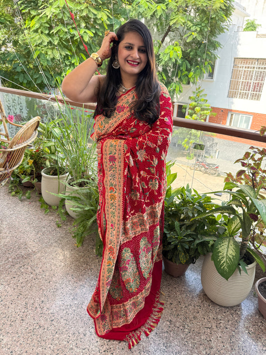 RedHandwoven Rai  Bareek Bandhani Saree Meenakari Jaal with Khaddi Georgette  Mks-2
