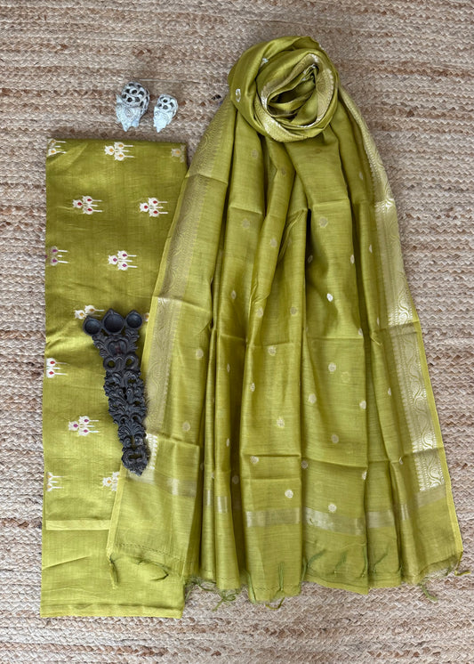 Olive Green Chanderi Handloom Banarsi Booti Three Piece Suit