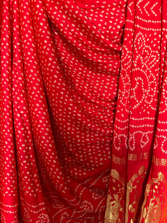 RED PINK BANDHANI  MODAL SILK PATOLA PRINT SARI WITH NAKSHI ZARI BORDER