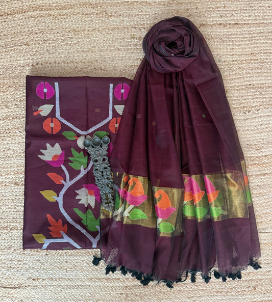 Brown Coffee handwoven jamdani pure cotton silk kurta set mjk-
