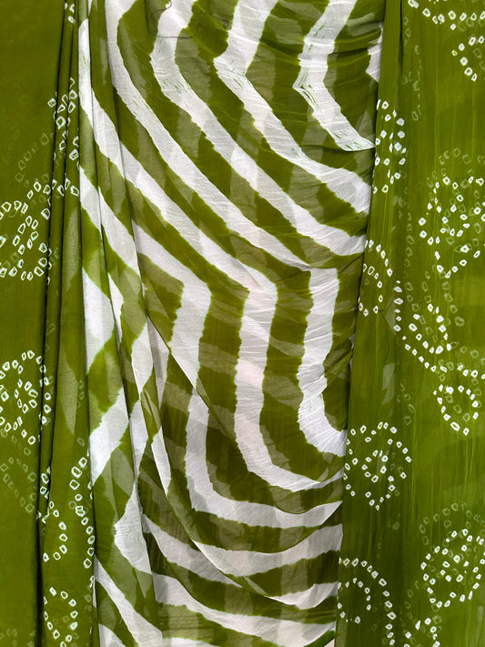 MEHENDI  GREEN BANDHANI LEHERIYA HANDCRAFTED CHIFFON SARI CL-28